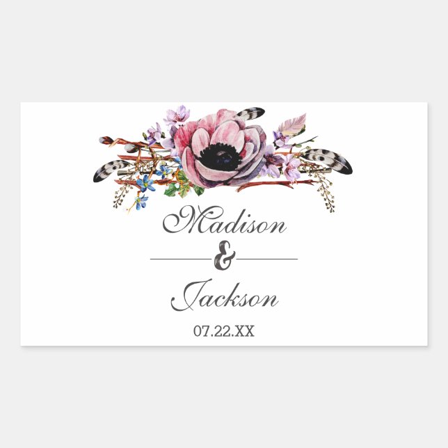 Pegatina Rectangular Boho Chic Rosa Floral Monograma de Boda (Anverso)