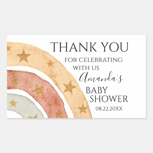 Pegatina Rectangular Boho Rainbow Gracias Baby Shower (Anverso)