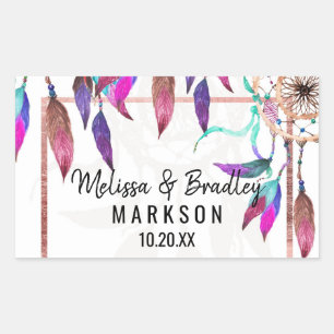 Pegatina Rectangular Boho Watercolor Dreamcatcher Rosa Boda Gold