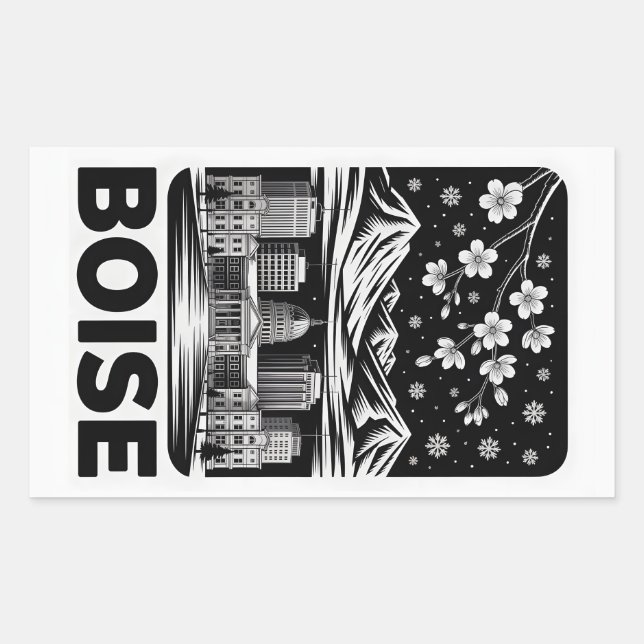 Pegatina Rectangular Boise Skyline Black and White Woodcut Winter  (Anverso)