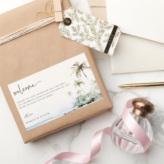 Pegatina Rectangular Bolsa de Bienvenida de Boda de la Isla Tropical (Regalar)