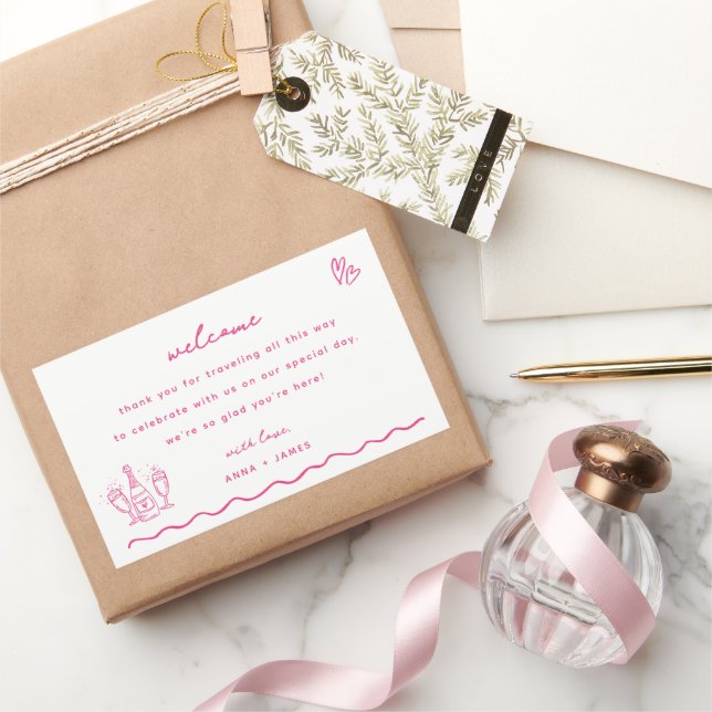 Pegatina Rectangular Bolsa de bienvenida para el Boda de Doodle Rosa (Regalar)