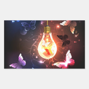 Pegatina Rectangular Bombilla brillante con mariposas nocturnas