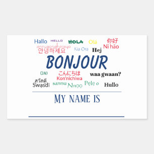 Pegatina Rectangular Bonjour Hello World Travel Languages Colorful Name