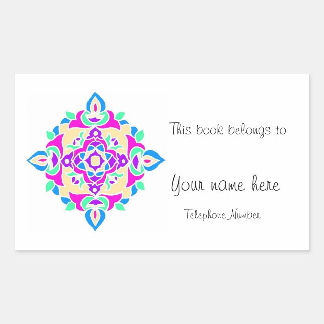 Pegatina Rectangular Bookplate con patrón Rangoli (Anverso)