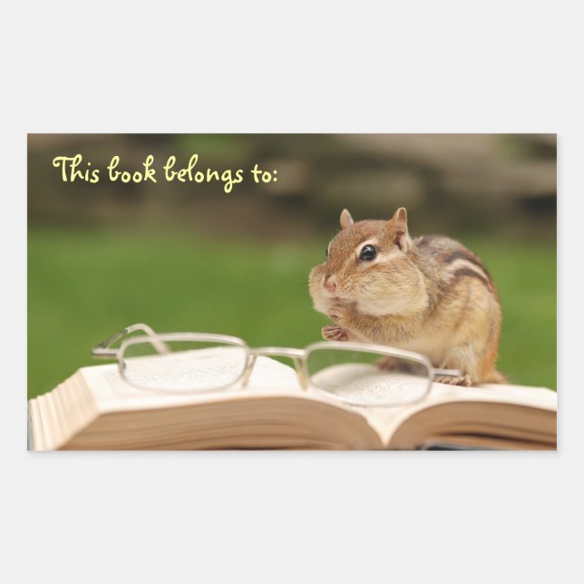 Pegatina Rectangular Bookworm Chipmunk Bookplate (Anverso)