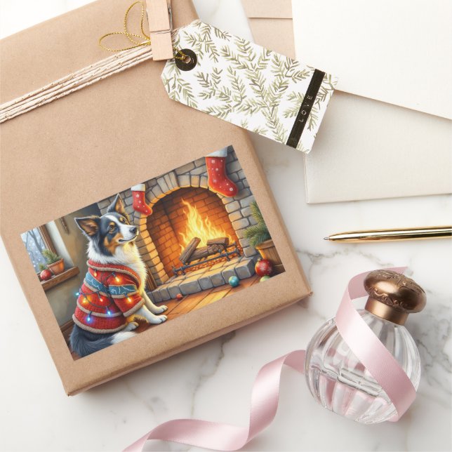 Pegatina Rectangular Border Collie Fireplace with Christmas Lights (Regalar)
