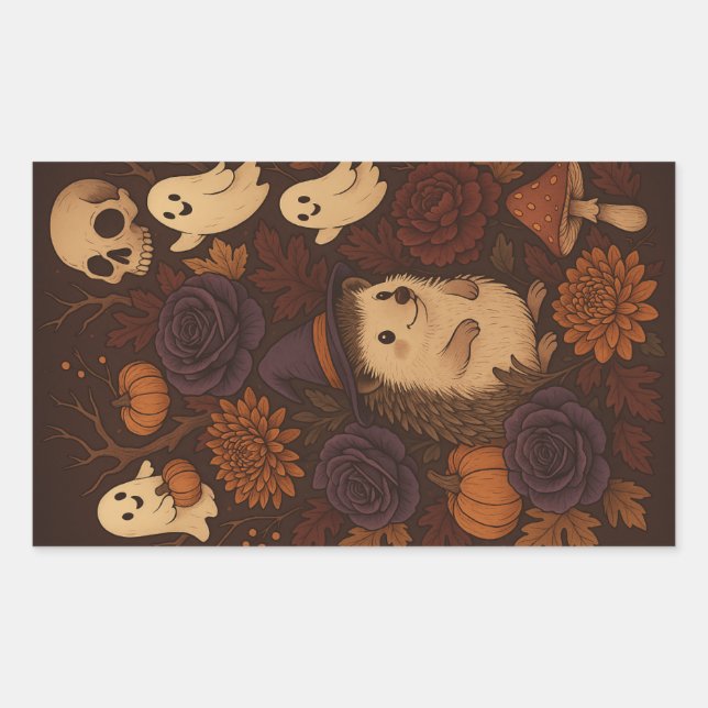 Pegatina Rectangular bosque embrujado erizo halloween (Anverso)
