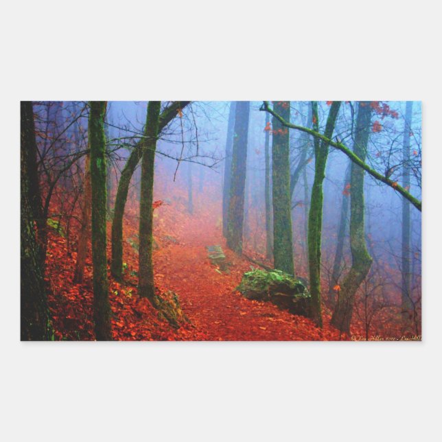 Pegatina Rectangular Bosque Pintado Niebla Azul de Otoño (Anverso)