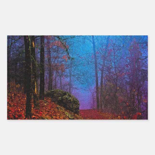 Pegatina Rectangular Bosque Pintado Niebla Púrpura de Otoño (Anverso)