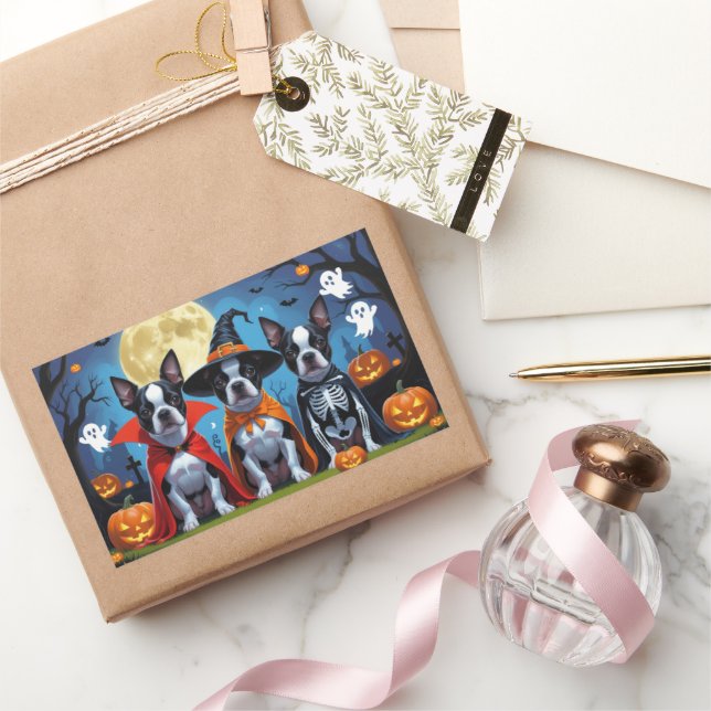 Pegatina Rectangular Boston Terrier Dogs Calabaza Halloween Funny (Regalar)