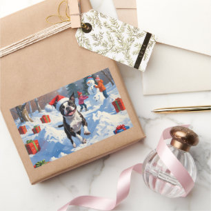 Pegatina Rectangular Boston Terrier Escena Navideña Festiva de Nieve