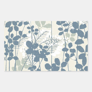 Pegatina Rectangular Botánico Japonés Azul Vintage: Helecho de Hoja Cre