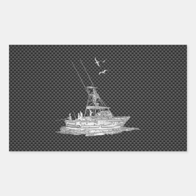 Pegatina Rectangular Bote de pesca cromada con fibra de carbono (Anverso)