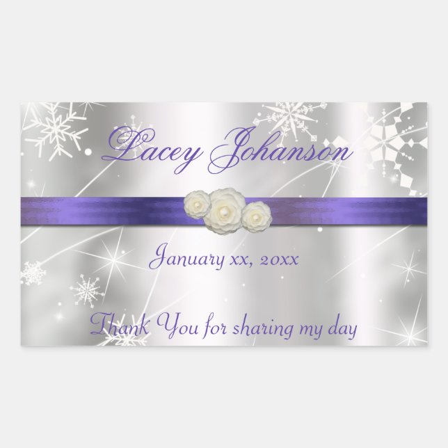 Pegatina Rectangular Botella de agua/vino Sweet Sixteen, plateada y púr (Anverso)