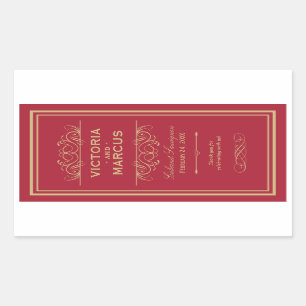 Pegatina Rectangular Botella de vino Boda rojo y dorado Monograma Favor