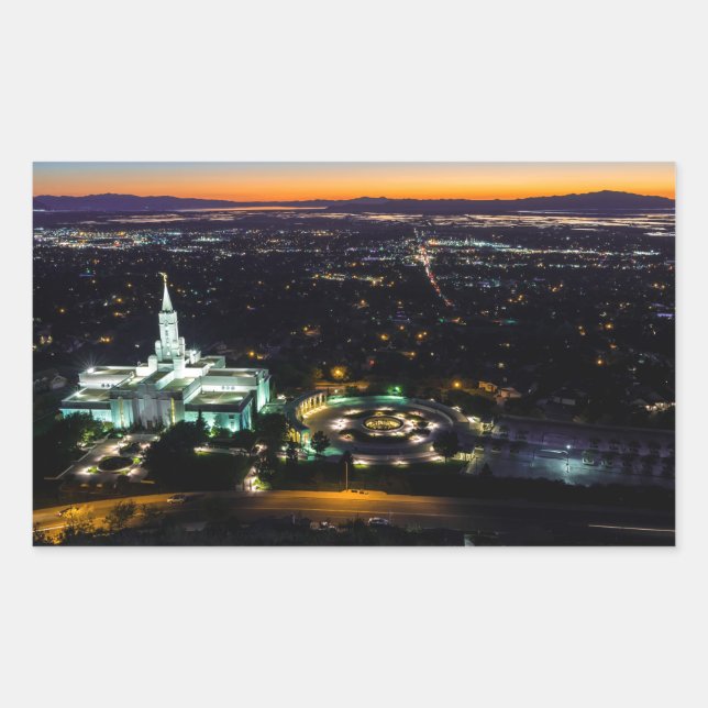 Pegatina Rectangular Bountiful Lds Mormon Temple Sunset (Anverso)