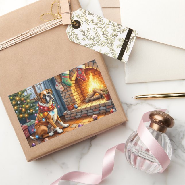 Pegatina Rectangular Bóxer sentado junto a la chimenea con luces de Nav (Regalar)
