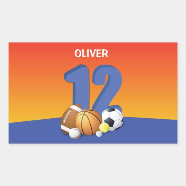 Pegatina Rectangular Boy 12th Birthday Sports Balls (Anverso)