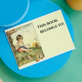 Pegatina Rectangular Boy reading under tree with rabbits