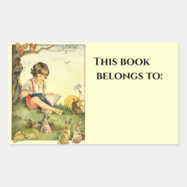 Pegatina Rectangular Boy reading under tree with rabbits