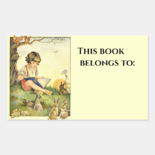 Pegatina Rectangular Boy reading under tree with rabbits