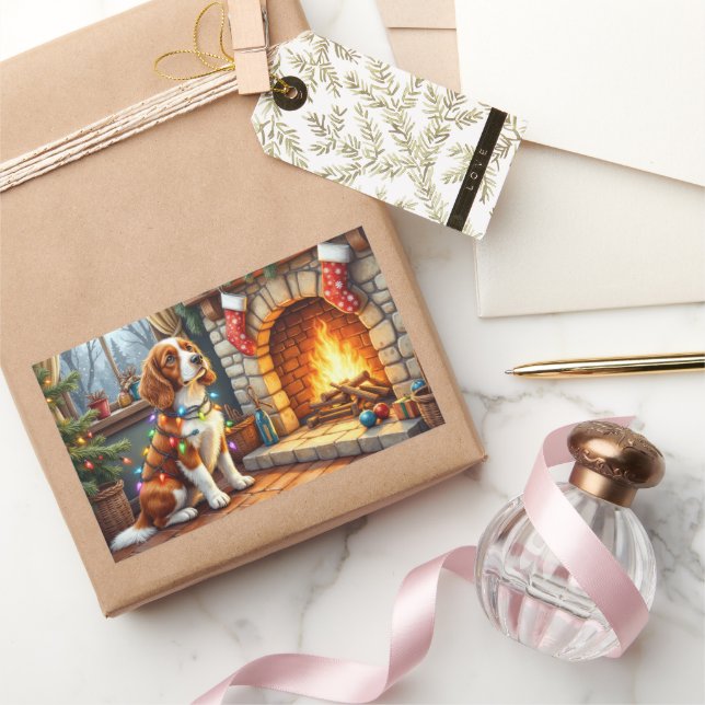 Pegatina Rectangular Brittany Spaniel Fireplace with Christmas Lights (Regalar)