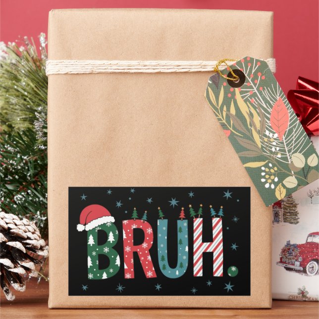 Pegatina Rectangular Bruh Christmas Meme Funny Santa Hat Sarcastic (Vacaciones)