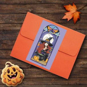 Pegatina Rectangular Bruja de Otoño Art Nouveau Calabazas Luna Púrpura