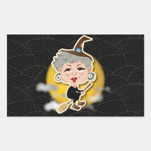 Pegatina Rectangular Bruja en la escoba (Anverso)