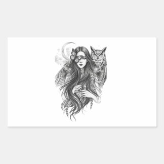 Pegatina Rectangular Bruja Mística Wiccan & Búho Folclore Oscuro Calcom