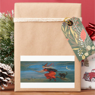 Pegatina Rectangular Bruja volando con gato negro en la noche de Hallow