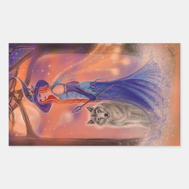 Pegatina Rectangular Bruja y lobo de Halloween de Renee Lavoie (Anverso)