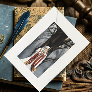 Pegatina Rectangular Brujo Blanco Místico Cuervo Árbol de Roble Fantasí