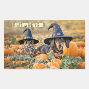Pegatina Rectangular Búho y perro salchicha Dachshund Halloween diverti