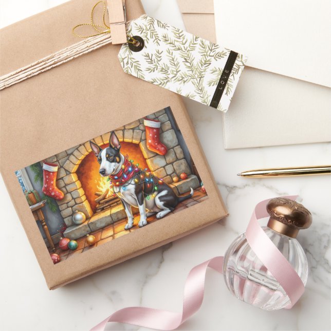 Pegatina Rectangular Bull Terrier Fireplace with Christmas Lights (Regalar)