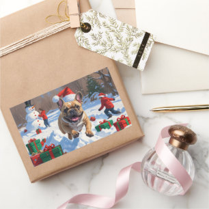 Pegatina Rectangular Bulldog Francés corriendo en la nieve con sombrero