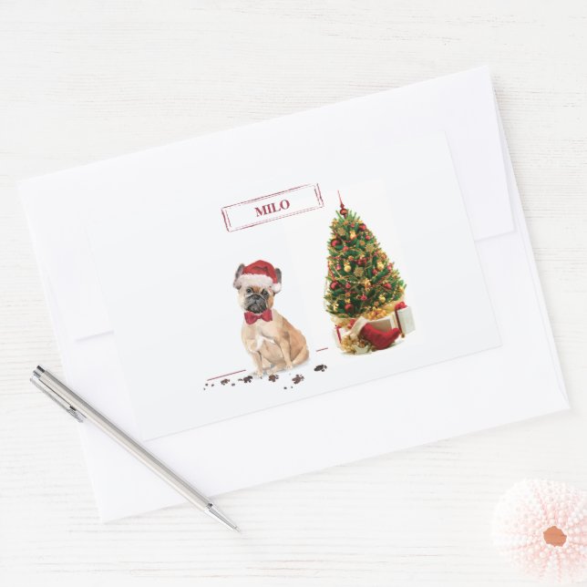 Pegatina Rectangular Bulldog francés curioso Navidad perro con árbol (Sobre)