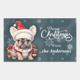 Pegatina Rectangular Bulldog francés lindo Santa Hat Feliz Navidad