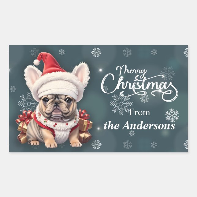 Pegatina Rectangular Bulldog francés lindo Santa Hat Feliz Navidad (Anverso)