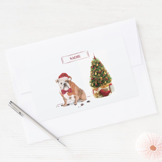 Pegatina Rectangular Bulldog inglés Navidades graciosos perro con árbol (Sobre)