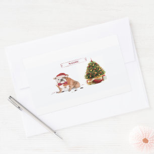 Pegatina Rectangular Bulldog inglés Navidades graciosos perro con árbol