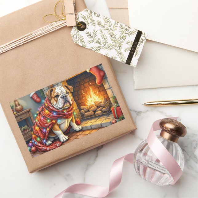 Pegatina Rectangular Bulldog Sitting by Fireplace with Christmas Lights (Regalar)