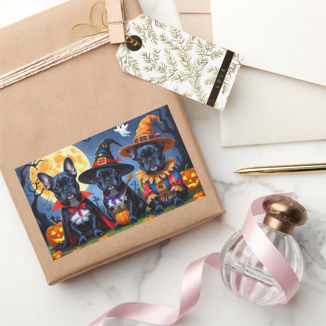 Pegatina Rectangular Bulldoges franceses negros Calabaza Halloween Funn (Regalar)