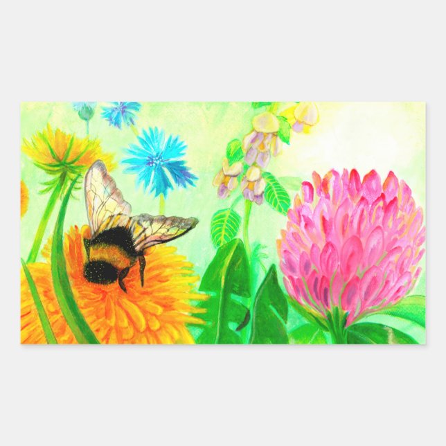Pegatina Rectangular Bumblebee en dandelion (Anverso)