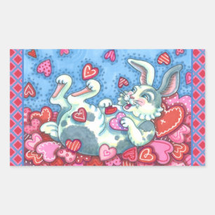 PEGATINA RECTANGULAR BUNNY RABBIT & COLORIDOS CORAZONES VALENTINAS DE L