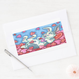 PEGATINA RECTANGULAR BUNNY RABBIT & COLORIDOS CORAZONES VALENTINAS DE L
