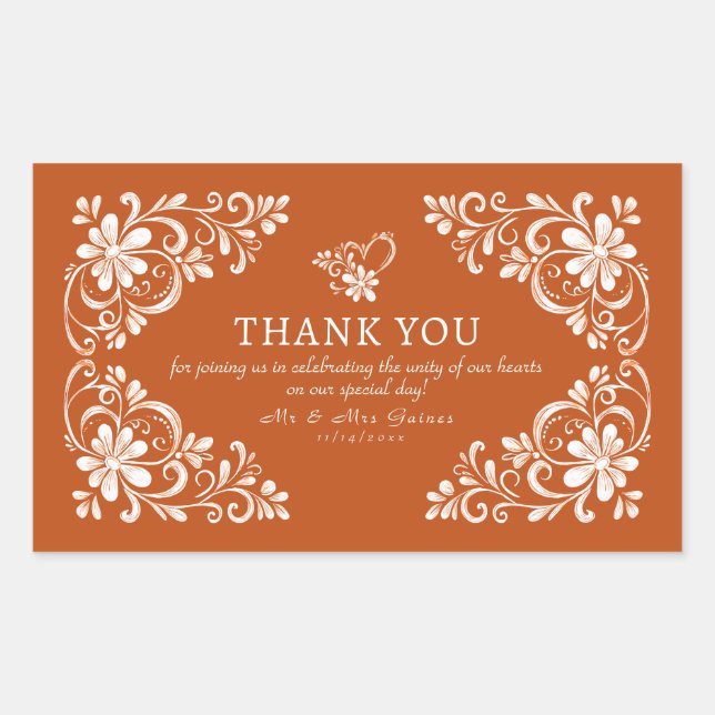 Pegatina Rectangular Burnt Orange Shabby Chic Thank You Wedding Sticker (Anverso)