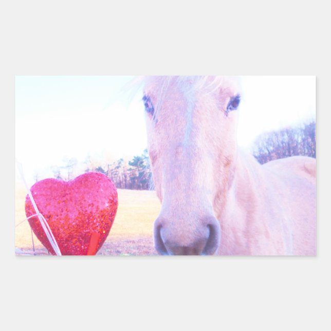 Pegatina Rectangular Caballo amarillo y corazón rojo (Anverso)