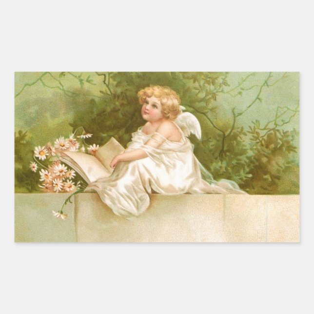 Pegatina Rectangular Caballo: Ángel con libros y flores (Anverso)